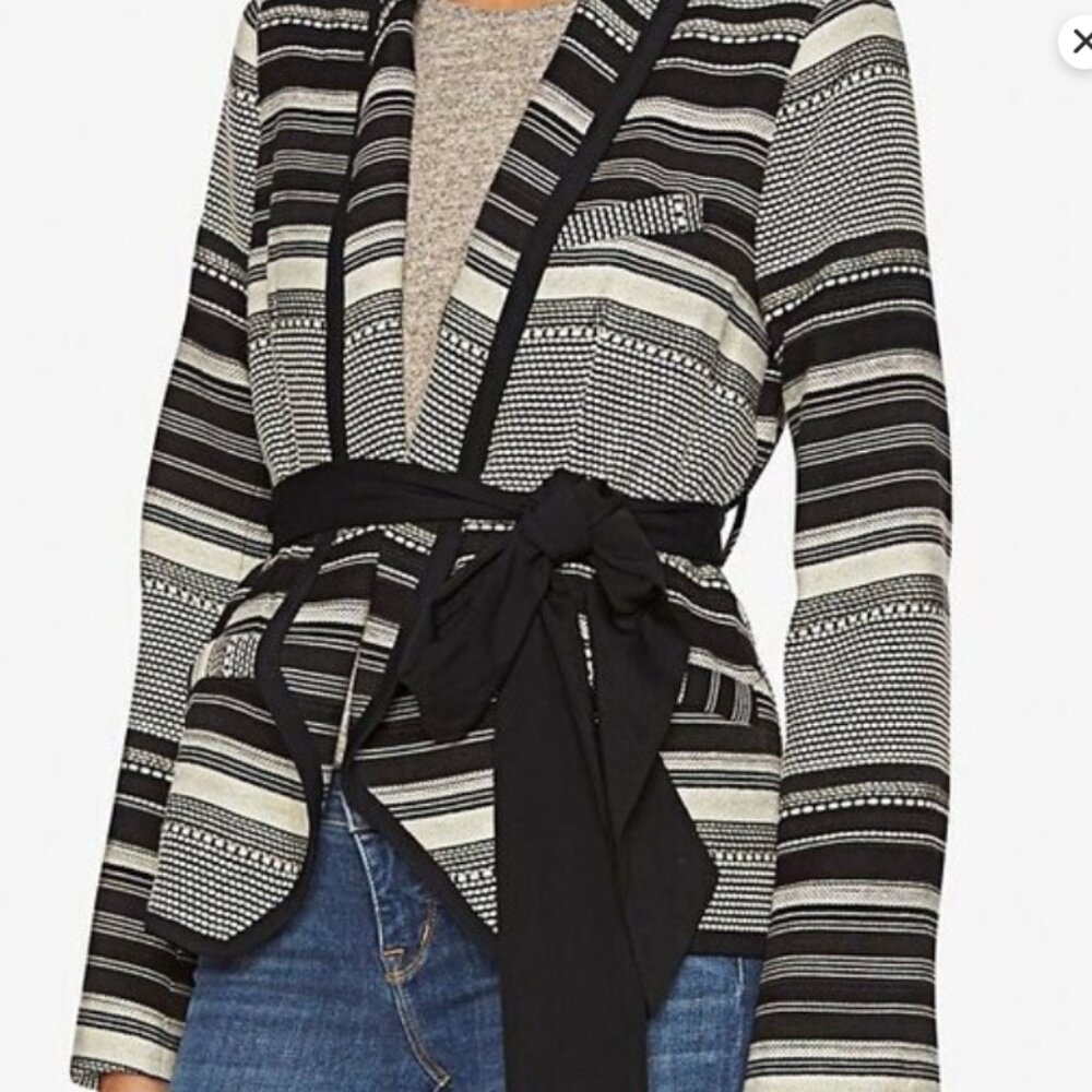 Marissa Webb Brighton Black White Striped Jacket Blazer Tie Waist Small EUC